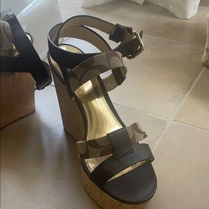 Coach Black and Brown Wedge Sandals